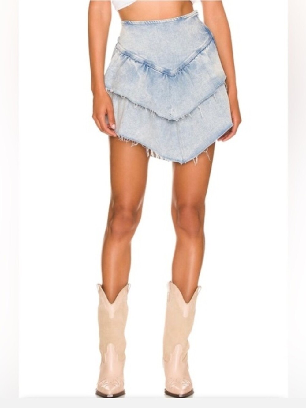 MOTHER Women's The Ruffle Mini Light Wash Denim Layered Mini Skirt Sz 26